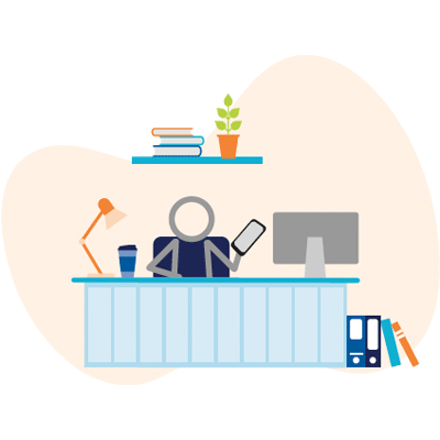 Illustration of a character behind a desk.
