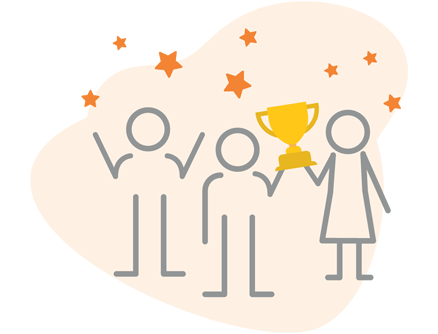 Illustration of characters holding a trophy.