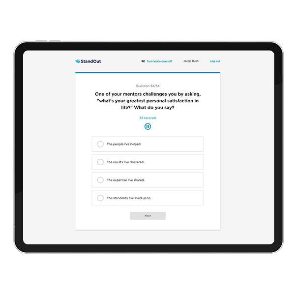 The StandOut Assessment dashboard displayed on a tablet.