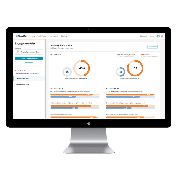 StandOut’s Engagement Pulse dashboard displayed on a computer.